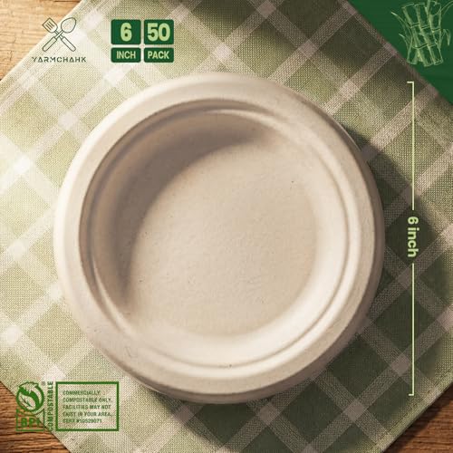 Image of 6 Inch Disposable Paper Plates 50 Pack, Heavy Duty Bagasse Plate | Eco Friendly Bagasse Plates with Strong Durability, Leak Resistance, Microwave Safety for Desserts,Meals,Parties,Picnics