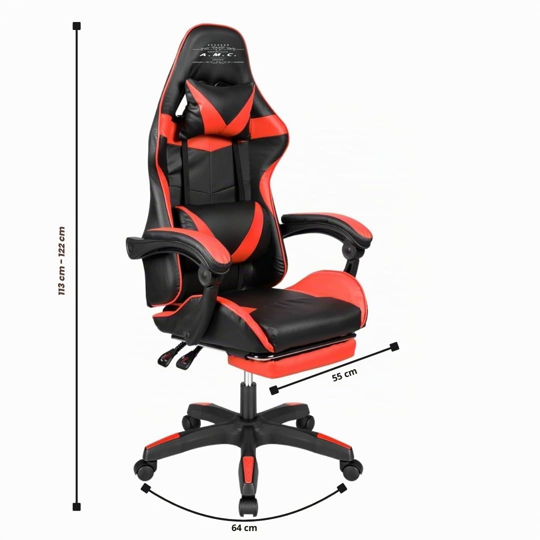 A.M.C. Sedia Gaming RGB con Luci LED E Sedia Ergonomica Poltrona Ufficio girevole, con rotelle, poggiatesta e cuscino lombare, Portata: 125kg con Schienale Alto in Pelle (ROSSO)