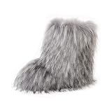 yamerbo WOMEN’S FAUX FUR BOOTS, FUZZY FLUFFY FASHION WINTER SHORT SNOW BOOTS, WARM AND COMFORTABLE OUTDOOR FURRY FLAT SHOES-Grey 10