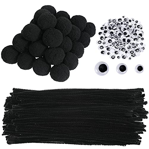 315 Piece DIY Halloween Craft Decorations Include 35 Piece 2 Inch Large Black Fluffy Pom Pom Balls 180 Piece Self-Adhesive Wiggle Googly Eyes 100 Piece 11.8 Inch Pipe Cleaner Chenille Stems