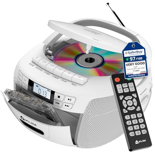 KLIM CD Player & Cassette Tape Player, Bluetooth Boombox, AM/FM Radio, Stereo Sound, Remote, CD and Cassette Combo, Tape Recording, USB Drive, AUX, AC/DC Powered - White