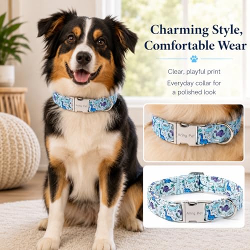 Image of ARING PET Dinosaur Dog Collar, Cute Spring Summer Blue Boy Heavy Duty Doggy Collars with Metal Buckle for Puppy Small Medium Large Dogs-M