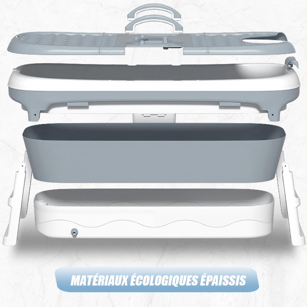 Baignoire pliable pour adulte XXL 118 * 60 * 53cm, Baignoire portable pliable avec couvercle, repose-tête et rouleau de massage, baignoire pliable pour salle de bains (GRIS)