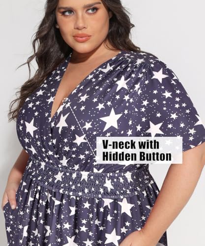 Image of CARCOS Plus Size Dresses for Curvy Women V Neck Summer Maxi Dress Short Sleeve Floral Boho Dress Smocked Waist Beach Dress