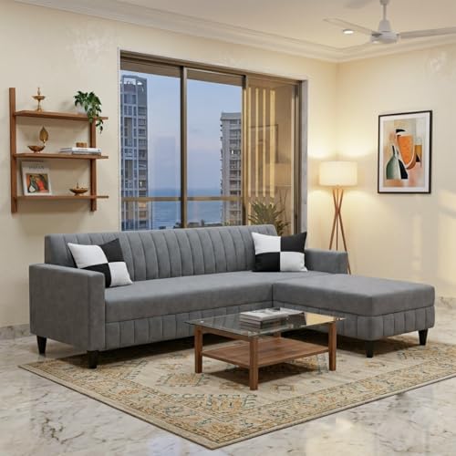 Image of FURNY Gracina 4 Seater L Shape Sofa Set with Movable Ottoman | Flexible Left or Right Layout | Plush Velvet Fabric (Dark Grey) | Perfect for Living Room, Guest Room & Office