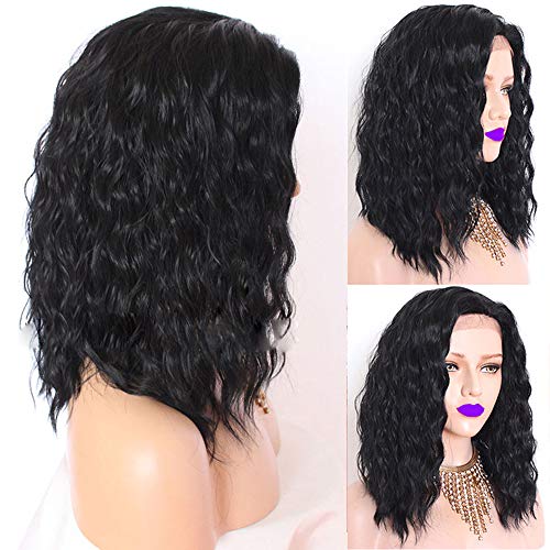Bob Glueless Lace Front Wigs for Women Short Natural Wave Synthetic Heat Resistant Fiber Middle Parting Natural Black Hair 14 inch