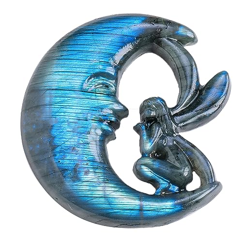 Runyangshi Labradorite Crystal Figurine Healing Crystal Stone Labradorite Moon Fairy Statue Hand Carved Ornament Reiki Energy Meditation Home Decor Halloween
