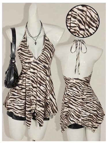 MakeMeChic Women's Halter Tops Zebra Print Backless Deep V Neck Summer Flowy Camisole Top4