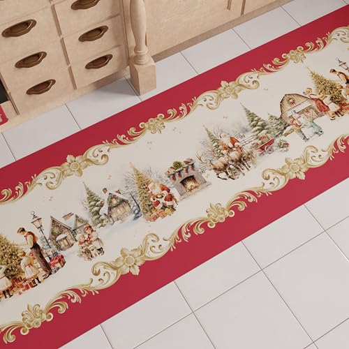 PETTI Artigiani Italiani - Tappeto Cucina Natalizio, Passatoia Cucina Natalizio, Tappeto Natalizio Cucina Antiscivolo e Lavabile, Tappeto per Natale 52x100 cm Vintage Xmas, Made in italy