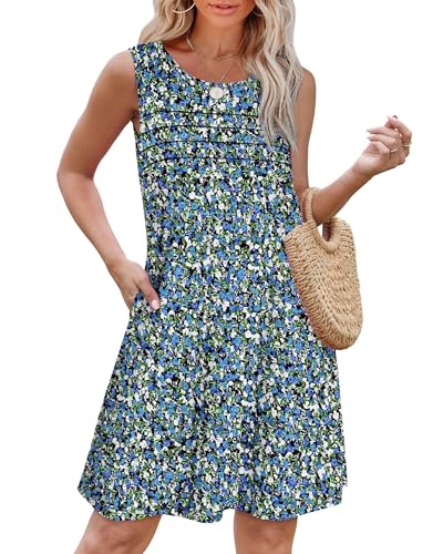 Image of OFEEFAN Womens Pleated Front Tank Dresses Fashion Spring Sleeveless Pockets Sundress Casual Summer