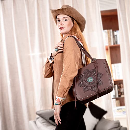 Image of Montana West Western Tooling Tote Bag with Wallet Set for Women Vintage Studded Top Handle Shoulder Handbag