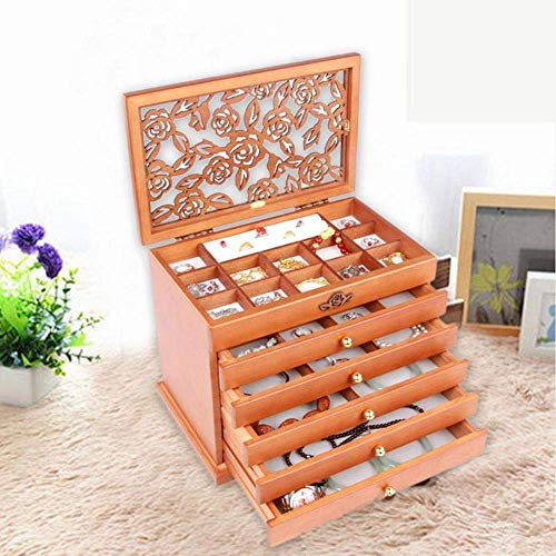 GYC Creativo portátil Exquisito Vintage Caja de Almacenamiento de Madera de Varias Capas Princesa Retro Armario Caso Collares Divisor de cajones para Mujeres Suministros, Color Madera