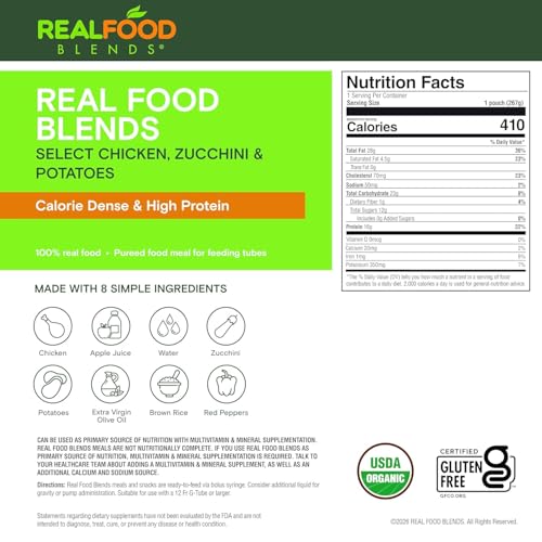 Image of Real Food Blends Select Turkey, Pears & Pumpkin - Pureed Food Meal for Feeding Tubes, 9.4 oz Pouch (Pack of 12 Pouches) | Select turkey, pears and pumpkin tube feeding meal with 17g protein and 23 vitamins and minerals.