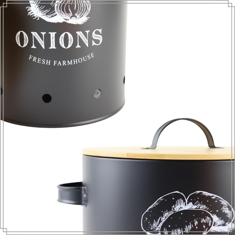 OTIX Vorratsgläser - mit Deckel - Schwarz - 3er Set - Knoblauchtopf - Zwiebeltopf - Kartoffeltopf - Metall