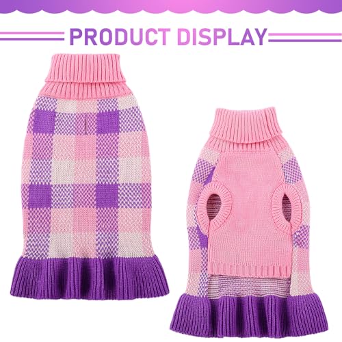 Image of Dog Sweater Dress Plaid Knitwear for Small Medium Dogs Warm Puppy Pet Turtleneck Stretch Pullover Cute Fall Winter Vest Clothes with Leash Hole for Christmas (Purple, L)