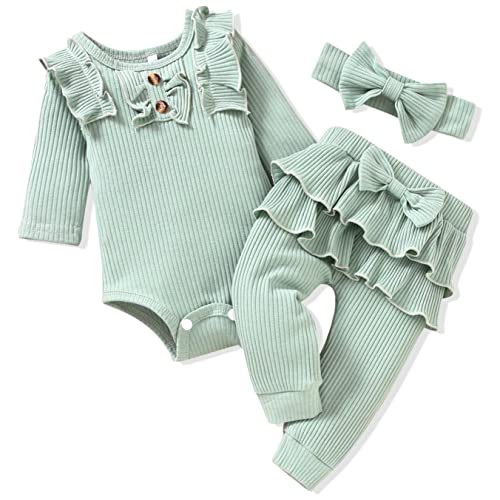 Image of Aalizzwell Preemie Newborn Infant Baby Girls Clothes Ribbed Bodysuit Pants Set Fall Winter Outfits