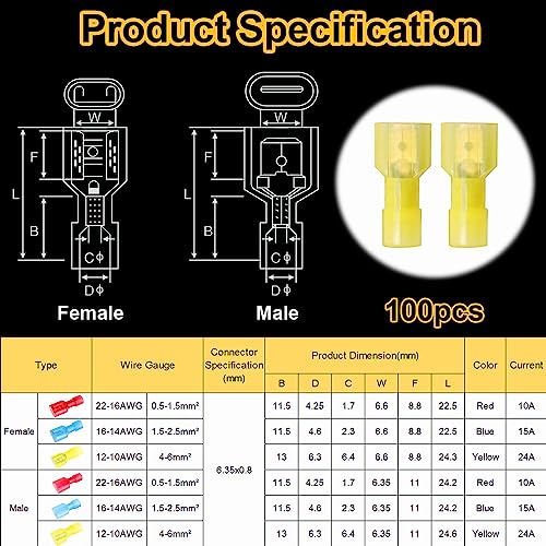 Smseace 100Pcs 1210AWG Male Spade Connectors Electrical