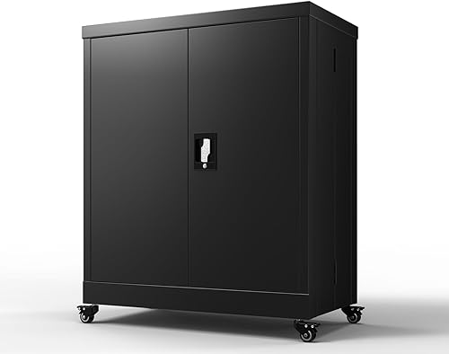 GREATMEET Metal Rolling Cabinet with Wheels, Mobile Metal Storage Cabinet with Adjustable Shelf, Locking Metal Garage Tools Cabinet for Home Office