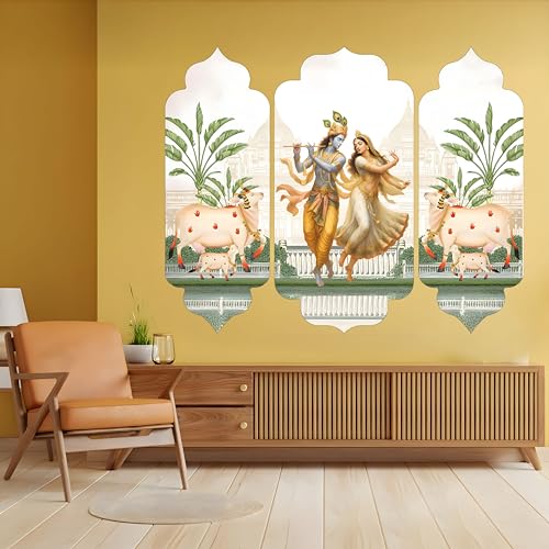 Image of DESIGN YAAR Radha Krishna Traditional Pichwai Wall Mural, Set of 3, 60L x 48W Inch