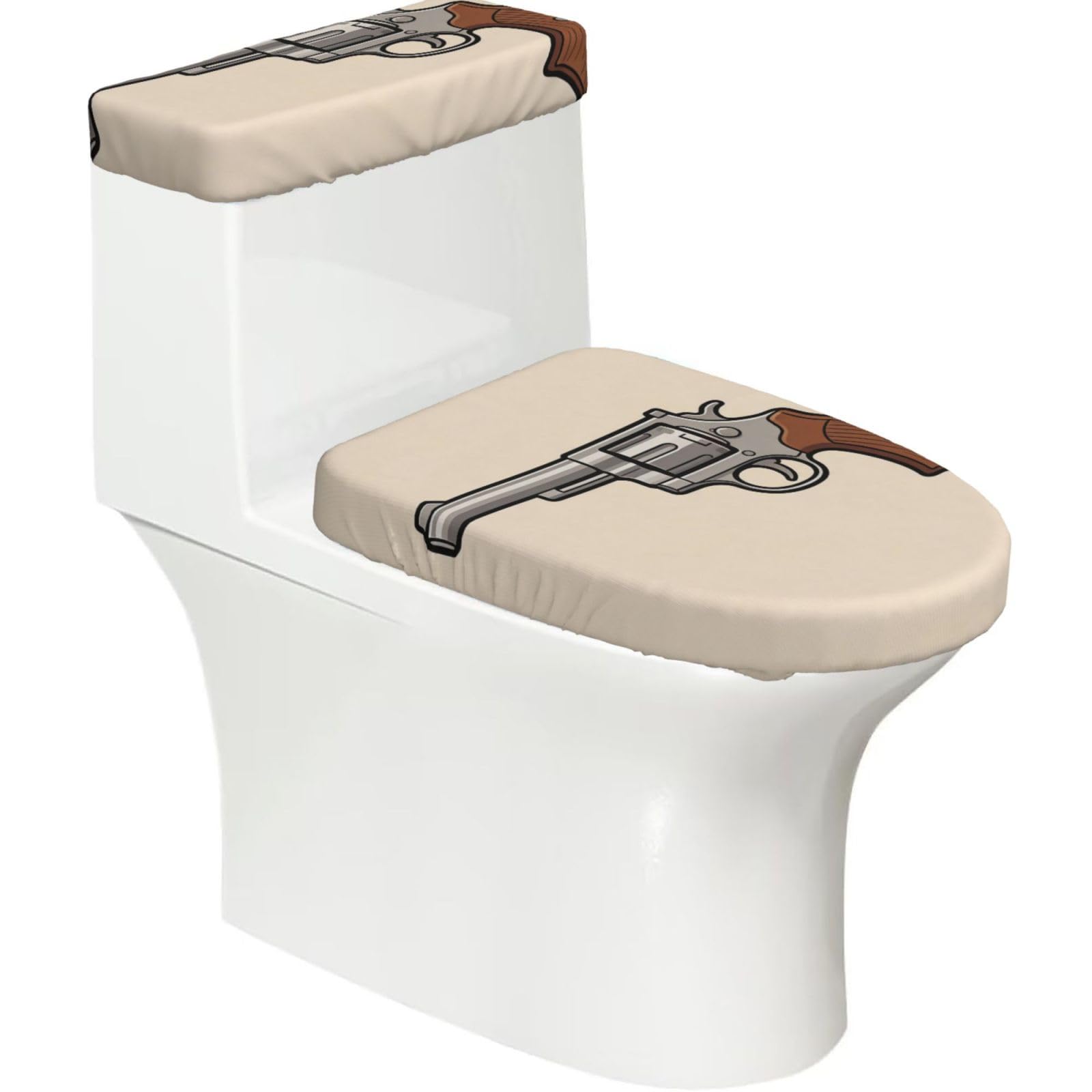 Revolver Gun Outline Elastic Toilet Cover Set of 2-Stretchy Lid and Tank Covers for Bathroom, Soft Washable U Shape Toilet Decor