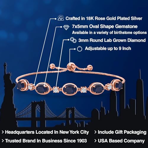 Gem Stone King 18K Rose Gold Plated Silver Blue Sapphire and Lab Grown Diamond Bracelet For Women | 5.40 Cttw | Gemstone September Birthstone | Oval 7X5MM | Fully Adjustable 9 Inch2