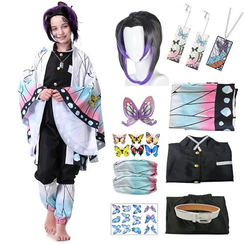 Powzaty Anime Cosplay Costume Kimono Full Set Adult Girls Robe Cloak Costume Set Halloween Kimono Outfit Cosplay with Wig (Butterfly Set Kids 150)