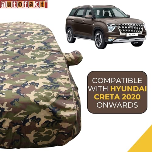 Image of Autofact 100% Waterproof Car Body Cover Compatible with Hyundai Creta (2020 to 2023), with Mirror Pockets, 4 x 4 American Matty, Long Lasting Strong Durable Material, Camouflage Army Look