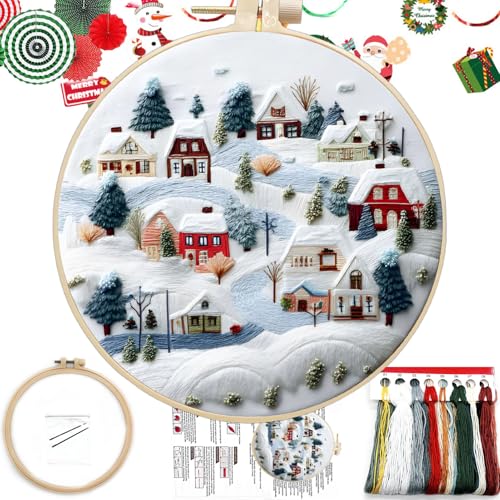 FONNUY Crewel Christmas Embroidery Kit for Beginners, Cross Stitch Set Winter Snow Scene Pine Owl...