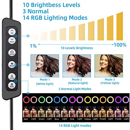 10" RGB LED Ringlicht Stativ mit Spiegel ,Koolertron USB Selfie Ringleuchte mit Handyhalter,3 Beleuchtungsmodi und 14 RGB Farben,10 Helligkeitsstufen für YouTube TikTok Self-Porträt der Videoaufnahme – Bild 4