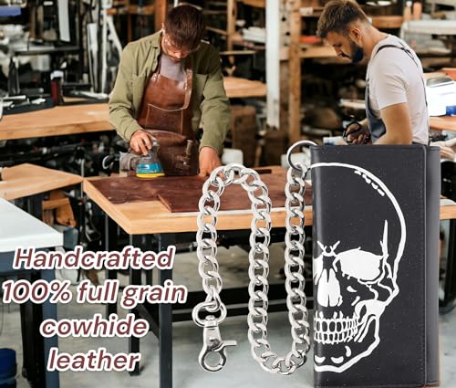 Image of F&L CLASSIC RFID Blocking Mens Tri-fold Long Style Leather Steel Chain Wallet,black skull,212-50