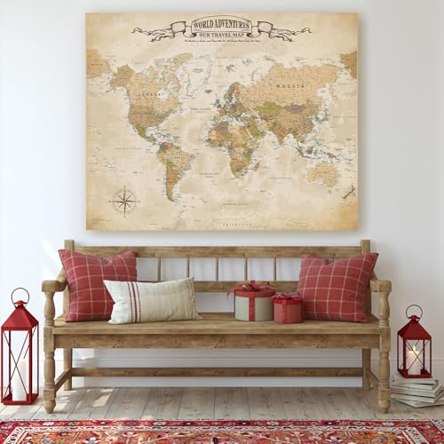 Image of DECORARTS - Large Antique Vintage World Map Canvas Wall Art, Old World Maps for Wall Decor, Hand-Stretched Giclee Print, Home Office Statement Piece, Handcrafted in USA, 35x28''