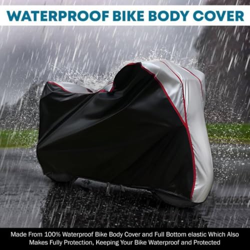Image of Waterproof Bike Body Cover Compatible with Tvs Rohin Dustproof Scratchproof - Motorcycle Cover for Two Wheeler, Outdoor Full Cover with UV, Duty, Rain Protection (Black Top Silver) R1