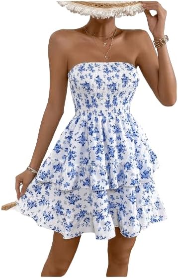 WDIRARA Women's Floral Print Ruffle Hem Tiered Layer Backless Shirred Tube A Line Dress