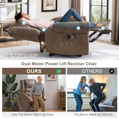 CDCASA Dual Motor Lay Flat Lift Chairs Recliners for Elderly w/Massage and Heat, Breathable Leather Infinite Position Large Sleeping Electric Power Lift Chair Recliner, Set of 2, Matte Brown