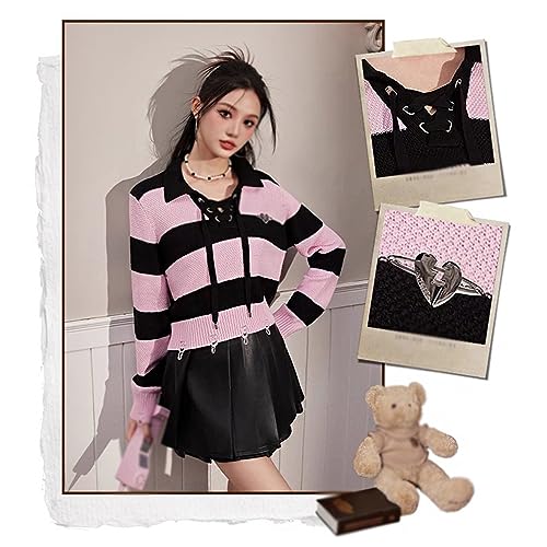 Black and Pink Striped Sweater, Trendy Lapel Tie Sweater, Vintage Top3