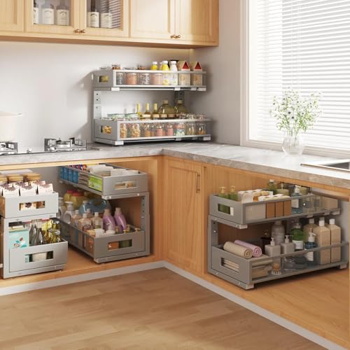 Image of 2 Packs 21IN Depth Under Sink Organizer, 2-Tier Pull Out Cabinet Organizer With Smooth Circular Rail, Large Capacity Metal Mesh Sliding Drawers For Bathroom& Kitchen Storage,Height Adjustable-Gun Gray