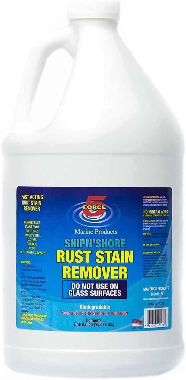 Force 5 SHIPN'SHORE, Rust Stain Remover, Instant Hull Cleaner, Vinyl, Fabric, Metal & Painted Surfaces - Removes Sprinkler Stains from Walls and Fences Instantly. (1, 1 gallon)