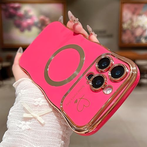 ZONRW for iPhone 16 Pro Max Case Magnetic,for Women Girls Soft Cute Wave Frame Curly Shape Love Heart Luxury Plating Phone Case Compatible with MagSafe Shockproof Back Cover 6.9"-Hot Pink by ZONRW - Used condition - Image 5