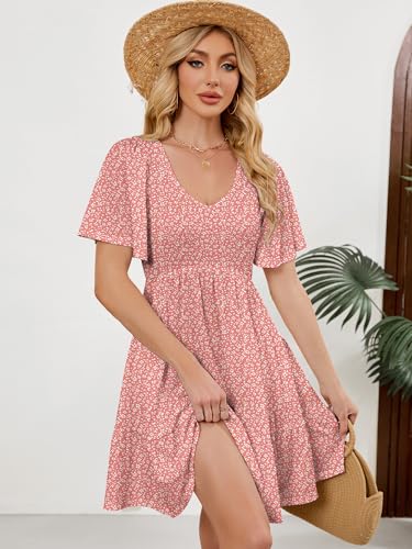 Image of UEAL Womens Cute Floral Smocked V Neck Flutter Sleeve Sundress with Pockets Casual Spring Summer Dresses for Women 2026