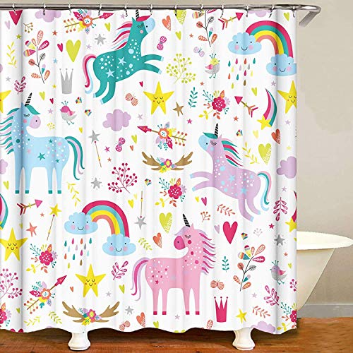 Rideau de douche en polyester imperméable et lavable avec crochets pour la douche Motif licorne et arc-en-ciel 180 x 180 cm Cover