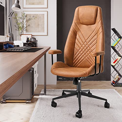 Ergonomic Leather Office Chair, High Back Home Office Chair, Mid-Century Modern Office Chair With Armrest, Height Adjustable Rolling Swivel Task Chair, Suede Fabric (Brown) #TOP2