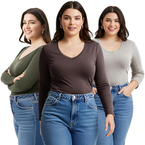 T-Shirt à Manches Longues Emmalise col en V pour Femme Junior et Grande Taille Lot de 3 L