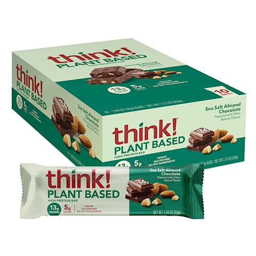 think! Vegan/Plant Based High Protein Bars – Sea Salt Almond Chocolate, 13g Protein, 5g Sugar, No Artificial Sweeteners, Non GMO Project Verified, 10 Count (Packaging May Vary)