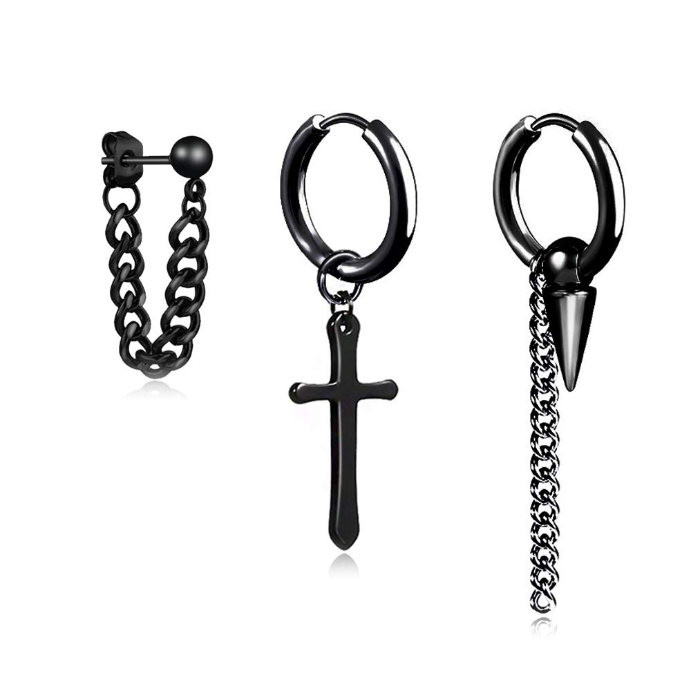 GulCeanHoop Earrings for Men With Cross Cone ball Chain Dangle Black 316L Stainless Steel Punk Hip Hop Rock Gothic Kpop Earrings For Men Women Teen Boys Girls