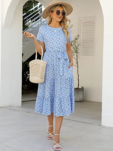 Image of Lyrur Women's Dresses Casual Summer Tiered Midi Dress Short Sleeve Belted Ruffle Babydoll Boho Sundress with Pockets