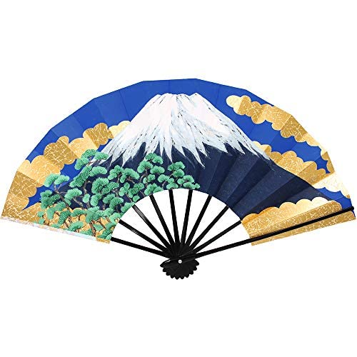 Kyo-Sensu Interior Decorative Folding Fan with Stand, 19"x11.5", Japanese Traditional Crafts, Reversible Design: Gold/Mt.Fuji/Cherry Blossoms, Made in Kyoto, Japan