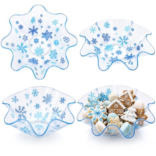 Tioncy 4 Pcs Winter Plastic Bowls 8 Inch Blue Snowflake Serving Dish