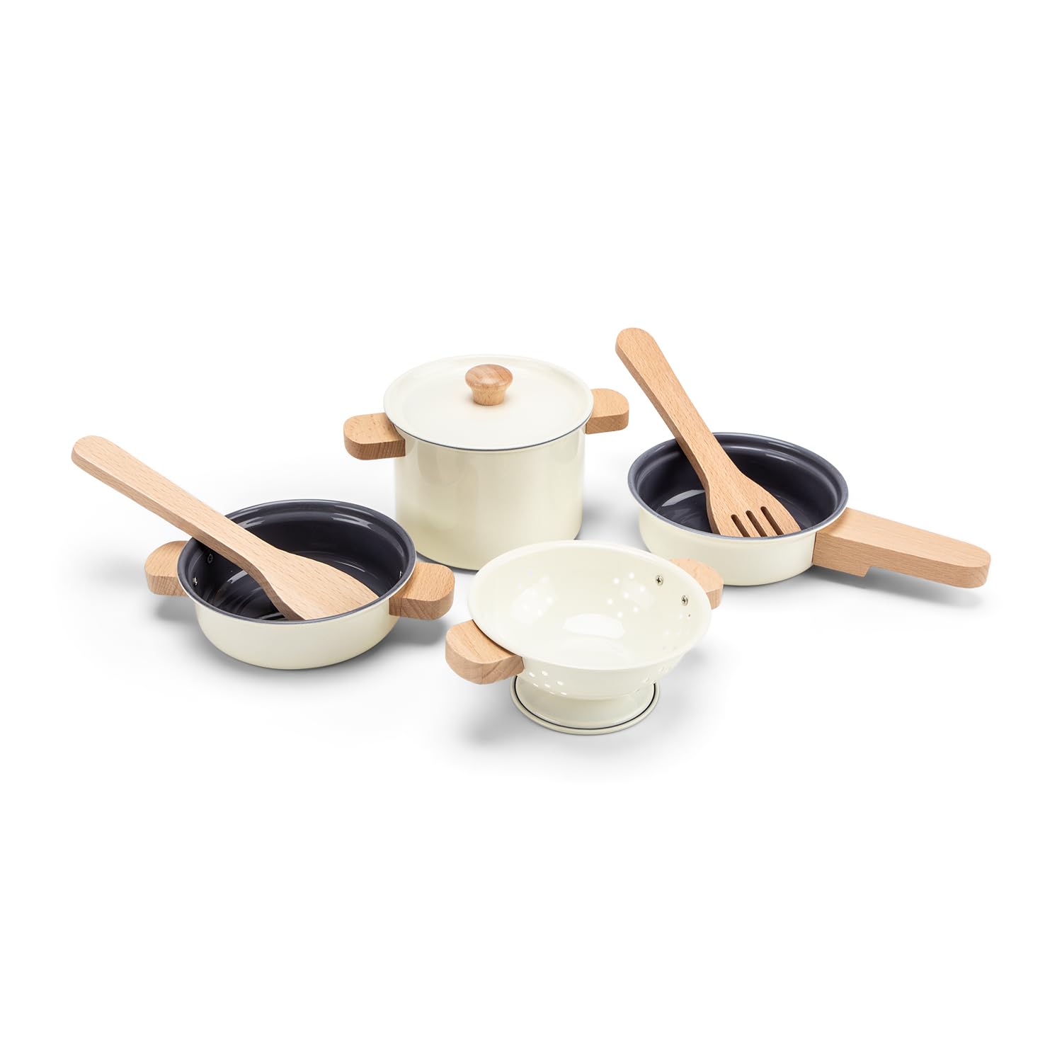 Woet Metal Pot & Pan Set  Off-White Toy Kitchen Playset for Toddlers 24 Months+  7-Piece Pretend Cooking Set with Wooden Utensils  Accessories for Boys and Girls
