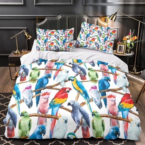 Housse couette fermeture éclair pratique parure lit microfibre 3D perroquets