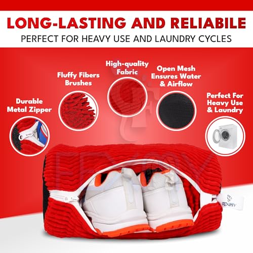 Image of Shoe Washing Bag - Invisible Zipper, Side Opening Laundry for Washer & Dryer - Reusable Sneaker Cleaning - Fits All Shoe Sizes (Red)